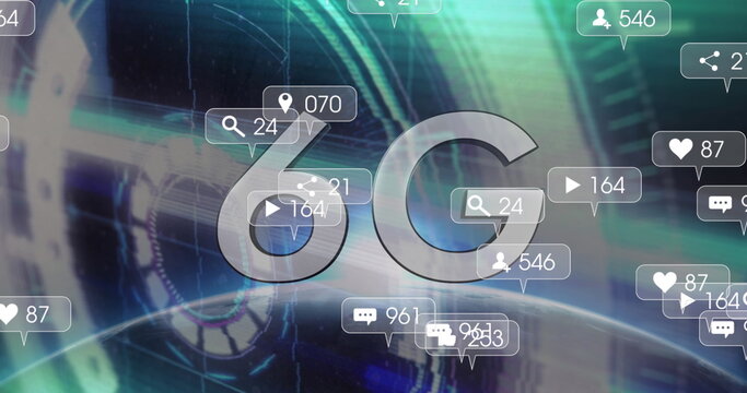 Image of 6g text, social media icons and data processing