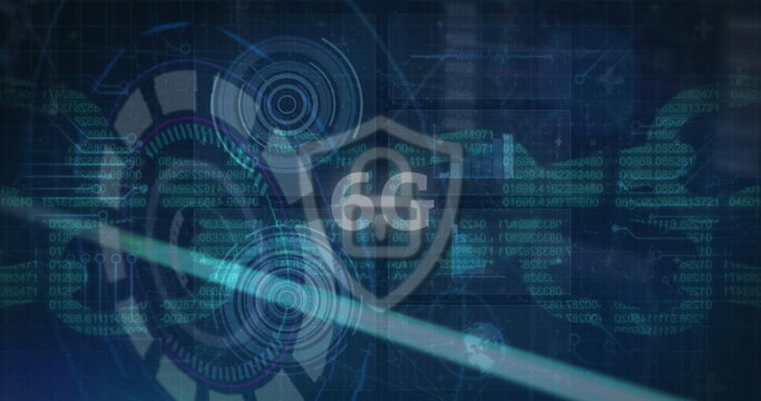 Image of scope scanning and 6g text with online security shield and chains