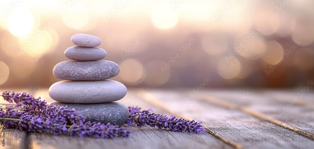 Poster artful stacked stones with lavender blossoms against a soft glowing background for relaxation : gene