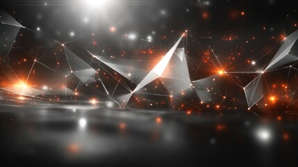 Abstract digital network.  Geometric shapes, glowing particles, and light effects