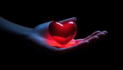 Fototapeta premium Realistic Image Of A Red Heart Held In A Hand Gesture, Symbolizing Donation, Love, Or Charity For Social Media.