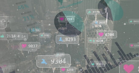 Image of social media icons over statistics and cityscape