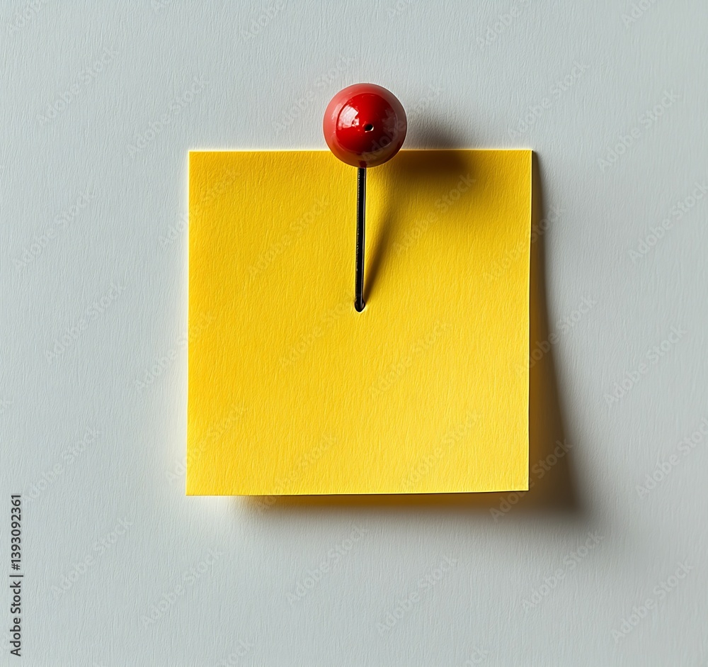 Poster Yellow Sticky Note with Red Push Pin on White Surface for Reminders Memo Office Supplies and Workspace Concepts : Generative AI