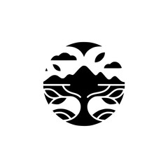 Minimalist Tree and Mountain Landscape in Circle Icon