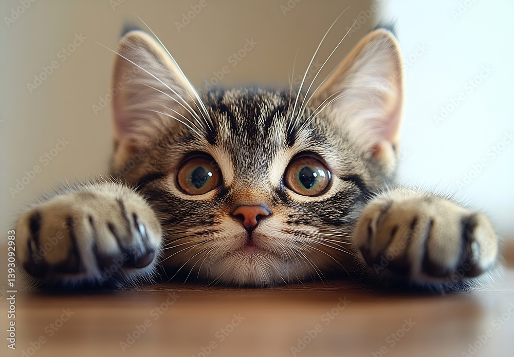 Poster cute tabby kitten peek adorable feline with big eyes and playful paws looking over the edge pet port