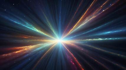 Obraz premium Frequency spectrum of multi-colored light rays zoomed out from the center of a shimmering dark blue universe.