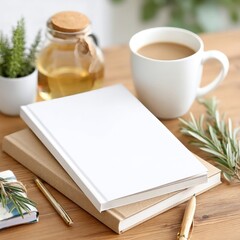 Minimalist Journal with Green Leaves&ndash; Creative Writing Concept on Wooden Table