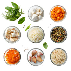 Assorted cooking ingredients in bowls herbs spices rice garlic carrots