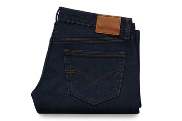 folded blue denim jeans back pocket view with leather tag isolated on transparent background ideal for clothing store branding fashion ecommerce template apparel mockup display