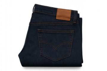 folded blue denim jeans back pocket view with leather tag isolated on transparent background ideal for clothing store branding fashion ecommerce template apparel mockup display