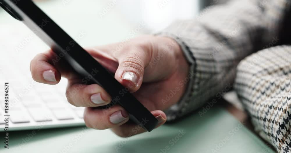Poster Business person, hands and phone at desk with networking, text and online communication. Computer, mobile message and social media browse in office or workplace with contact and typing at company