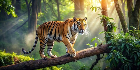 Obraz premium Majestic Tiger Prowling a Lush Forest Canopy A Stunning Wildlife Encounter