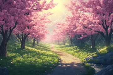 Pathway through cherry blossom trees with sunlight shining through leaves