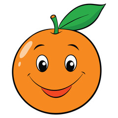 Cute Cartoon Orange with Happy Face and Green Leaf Illustration