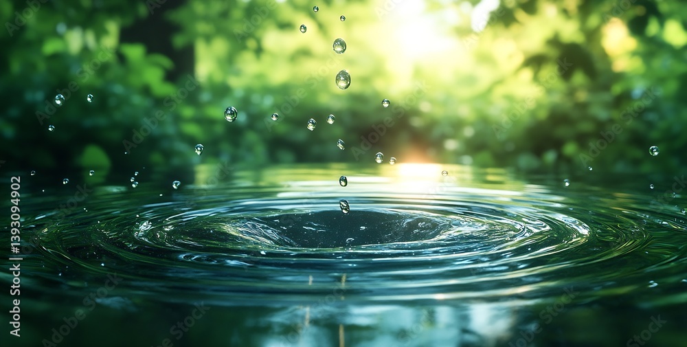 Fototapete water drop impact creating ripples in a serene lake environment with lush greenery : generative ai
