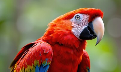 Fototapeta premium Vibrant Scarlet Macaw with Bright Plumage in Tropical Greenery