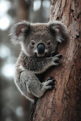 Obraz premium Cute Koala Bear Clinging to a Tree Trunk Adorable Australian Wildlife Portrait Fuzzy Mammal Nature Photography : Generative AI