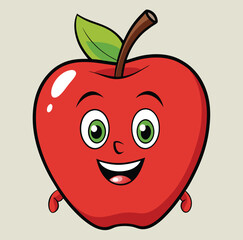 Cute Cartoon Red Apple with Happy Face and Leaf Illustration