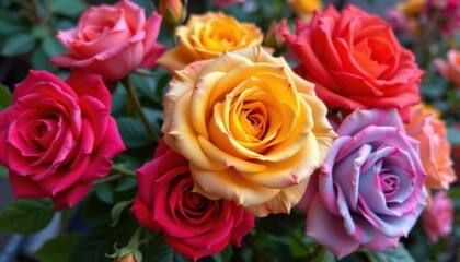 Vibrant Bouquet of Multicolored Roses with Green Foliage