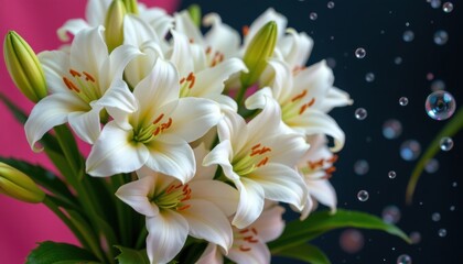 Fototapeta premium Elegant White Lilies with Bubbles on a Bright Background