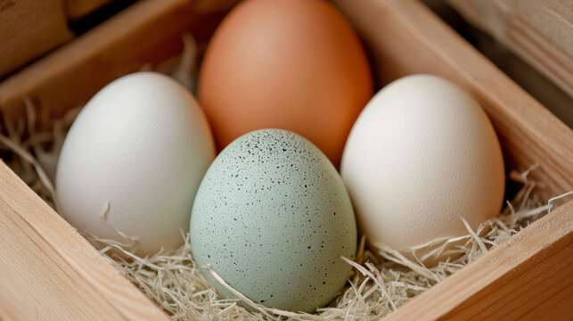 Different eggs in sizes and natural colors. White small are Sebright, white chicken, green-blue are Araucana, Smallest are quail, dark olive green are Marans, and normal brown egg.
