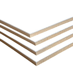 Stacked wood composite boards closeup view showing texture and edges,