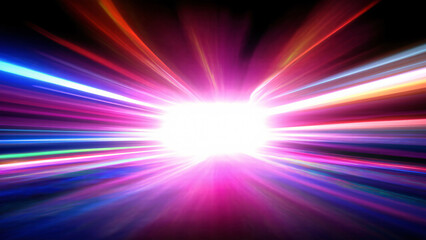 Obraz premium Multicolored neon lights flashing out from a central point on a dark blue background.