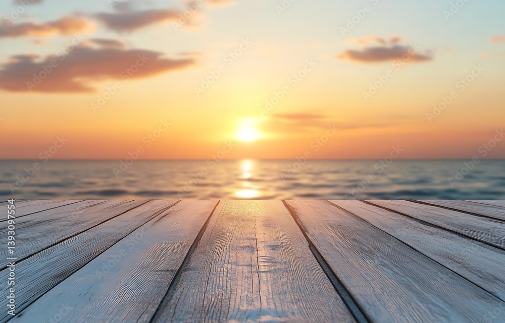 Poster stunning sunset view from a wooden deck overlooking calm ocean waters and distant horizon : generati