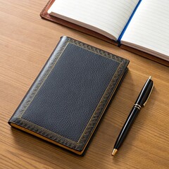 Elegant Black Leather Notebook with a Gold Trim and Pen on a Wooden Table
