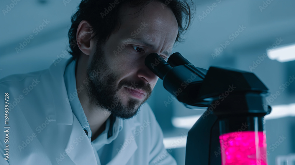 Aufkleber scientist in futuristic laboratory analyzes samples with microscope