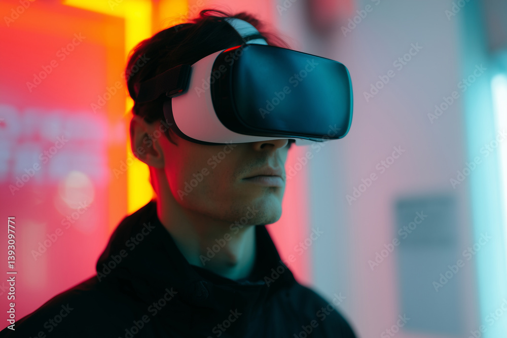 Poster man wearing virtual reality headset in futuristic setting