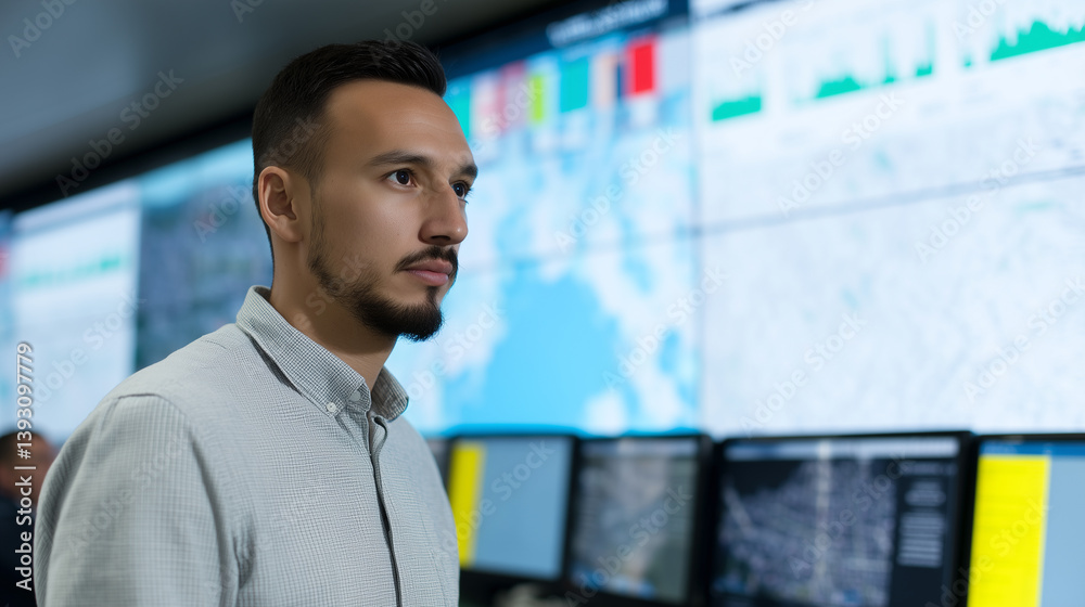 Poster man in control room monitors real time data on multiple screens, focused and attentive