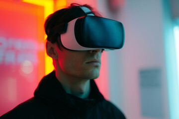 man wearing virtual reality headset in futuristic setting