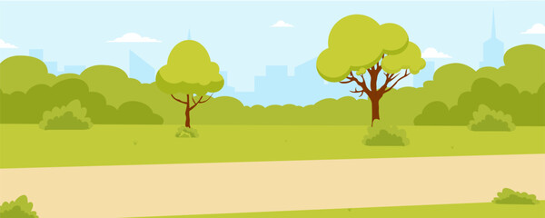 Fototapeta premium Bright and green park landscape with trees and a clear blue sky during daytime