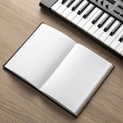 Music composition with keyboard and blank pages for writing notes