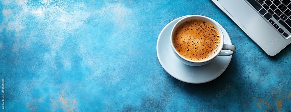 Poster top down view of coffee cup and laptop on blue background still life photography and working at home