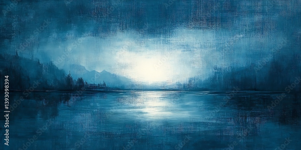 Poster serene landscape painting featuring blue tones and a glowing center over a lake in twilight : genera