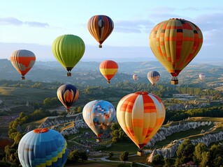 Obraz premium An imaginative scene of colorful hot air balloon festival with variety of uniquely designed balloons floating above picturesque landscape