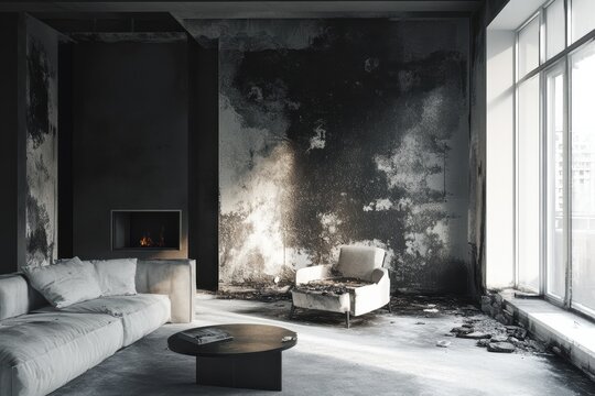 Graphic layout showcasing a burned living room space with damaged furniture and soot-covered walls