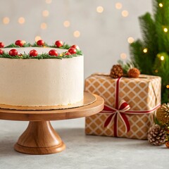 Christmas cake with red berries and presents on the table