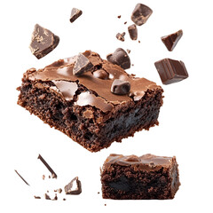 Delicious Chocolate Brownies in mid air Chocolate pieces flying Sweet treat