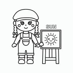 Young Artist in Beret and Overalls – Black and White Smiling Sun Line Drawing, Coloring Book for kid's Vector art Illustration