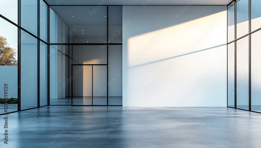 Poster modern empty office interior with glass walls and polished concrete floor minimalist design sunlight