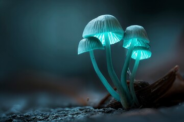 Hongos bioluminiscentes brillantes en un tronco de árbol oscuro.