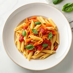 Penne pasta with tomato sauce and basil on a white plate