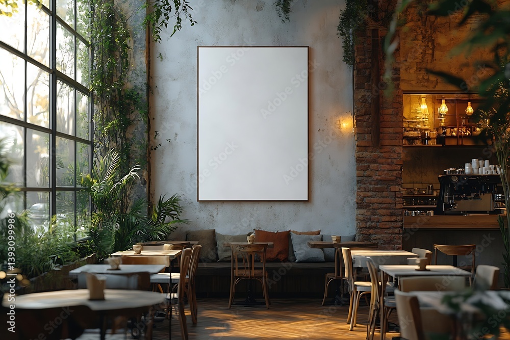 Poster inviting cafe interior with blank poster on concrete wall and lush greenery adds a natural and artis