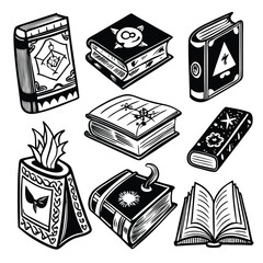 Hand-Drawn Book Stack Doodle Set &ndash; 6 Unique Black and White Sketch Illustrations