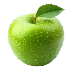 A Fresh Green Apple with Water Droplets and Leaf