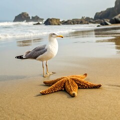 Seagull and Starfish on a Sunny Beach