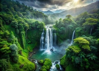 Fototapeta premium Breathtaking Aerial View of a Majestic Waterfall Cascading Through Lush Rainforest Low Light Photography Stunning